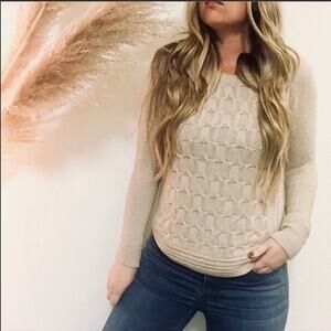 MAX STUDIO Tan Cream Beige Chunky Cable Knit Crew Curve Hem Pullover Sweater S